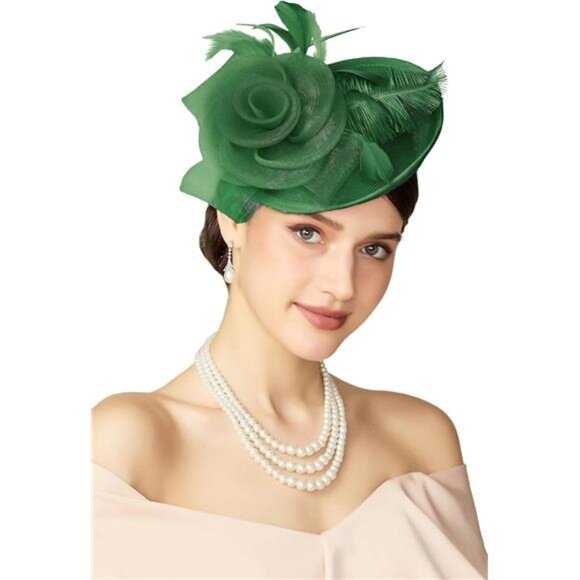 Kentucky Fascinator Derby Pillbox Hat Mesh Feathers Green - Picture 1 of 5